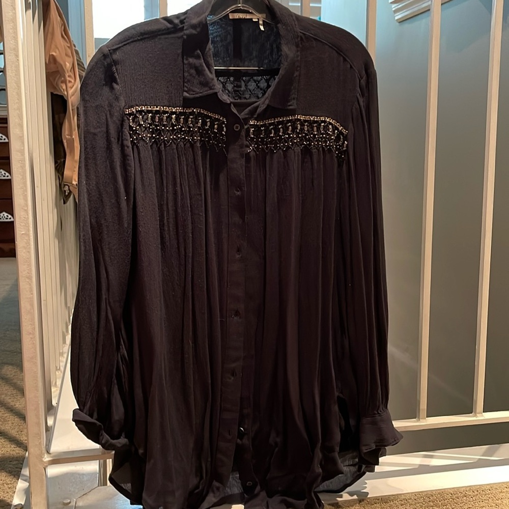 Anthropologie button up navy blue blouse.